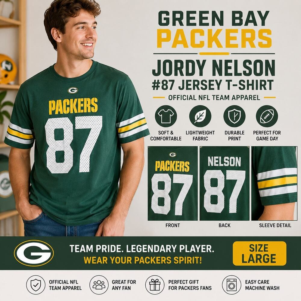 Green Bay Packers Jordy Nelson #87 NFL Jersey T Shirt Green Gold Mens Large
